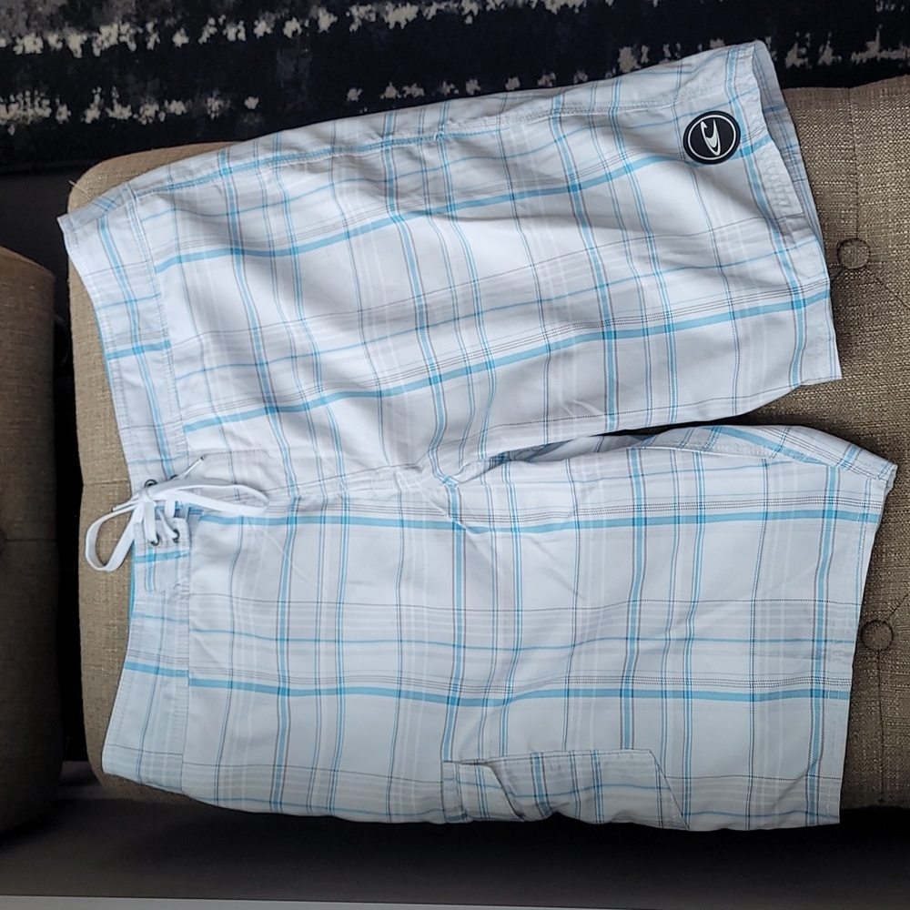 O'Neill Swim Trunks Blue Gray Plaid on White Size 34